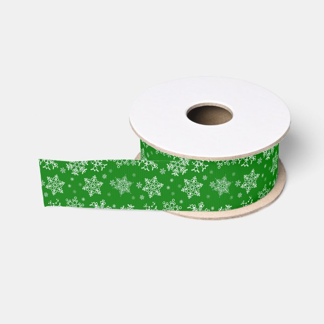 Ruban Gros-grain Motif Flocons de Neige Vert Blanc (Bobine)
