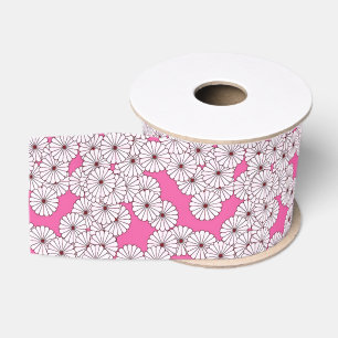 Ruban Gros-grain Motif floral Art Déco - blanc sur rose