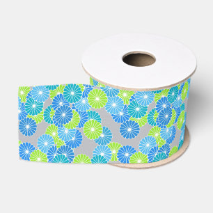 Ruban Gros-grain Motif floral Art Déco - bleu et vert citron