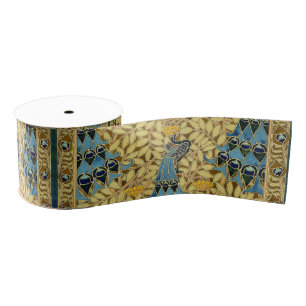 Ruban Gros-grain Motif floral au paon bleu Art nouveau vintage