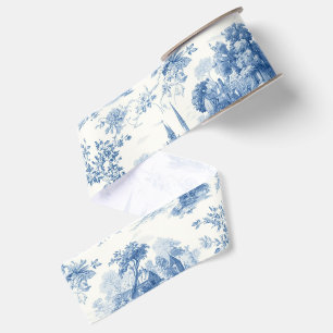 Ruban Gros-grain Motif floral toile de Jouy bleue vintage