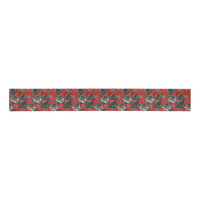 Ruban Gros-grain Motif gothique de roses noires et rouges (Devant)