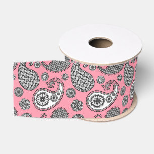 Ruban Gros-grain Motif Paisley, nuances de gris sur rose