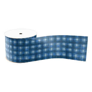 Ruban Gros-grain Motif Plaid bleu et blanc moderne Denim