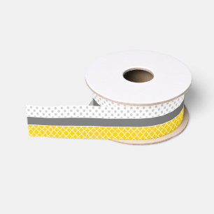 Ruban Gros-grain Motif Quatrefeuille Jaune et Pointillé Gris