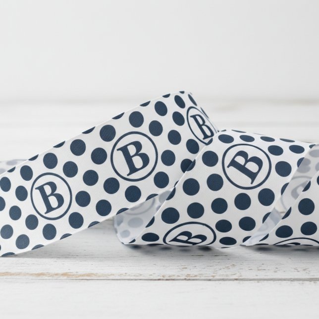 Ruban Gros-grain Navy Blue Polka Dot Pattern Monogram (Elegant Large Navy Blue Polka Dots Monogram Ribbon for Him. Classic Preppy Big Dots Pattern  for Dad)