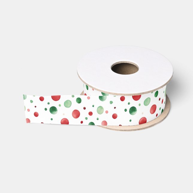 Ruban Gros-grain Noël points rouges blancs verts (Bobine)