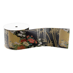 Ruban Gros-grain Noir et or traditionnel japonais Kimono floral