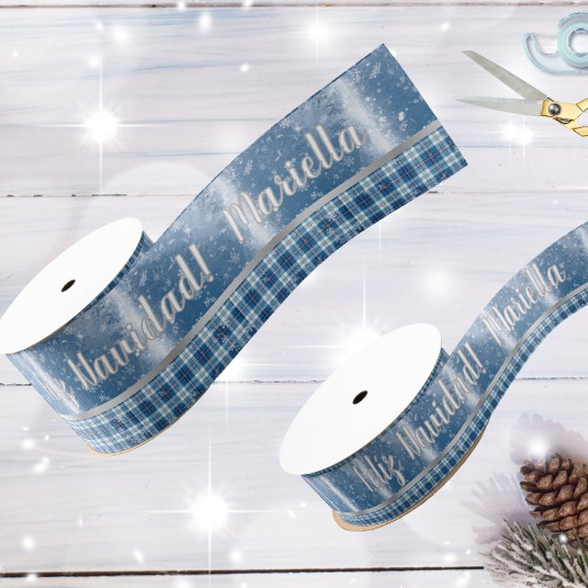 Ruban Gros-grain Nom Joyeux Noël Élégant Bleu Espagnol (Créateur téléchargé)