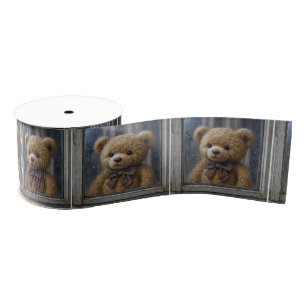 Ruban Gros-grain Nounours en peluche regardant par une fenêtre pluv