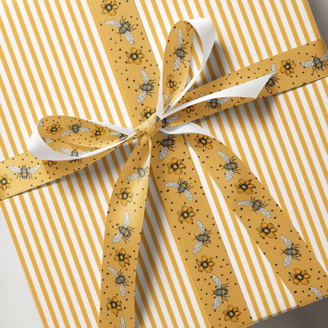 Ruban Gros-grain Ochre Buzzing Bees & Cosmos Fleur Blooms (Elegant Floral Ochre Yellow Bee Ribbon. Yellow & Black Honeybees, Orange Flowers & Black Polka Dots)
