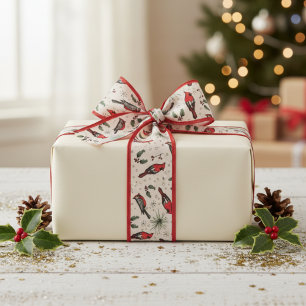 Ruban Gros-grain Oiseaux cardinaux rouges et ivoiriens et Motifs ho