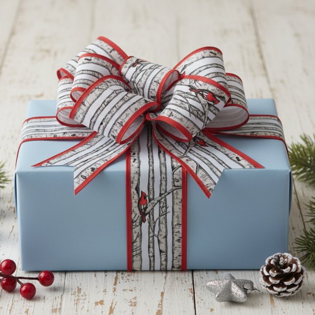 Ruban Gros-grain Oiseaux rouges et bleus et oiseaux cardinaux rouge (Elegant Winter Red Cardinal Bird & Birch Trees Pattern Ribbon for Christmas. Nature Birds Gift Wrap)