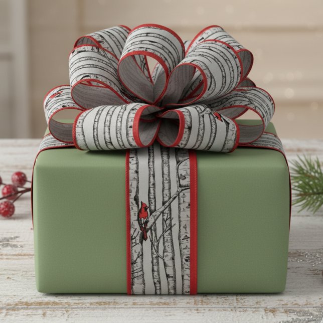 Ruban Gros-grain Oiseaux rouges et verts et oiseaux cardinaux rouge (Elegant Winter Red Cardinal Bird & Birch Trees Pattern Ribbon for Christmas. Nature Birds Gift Wrap)
