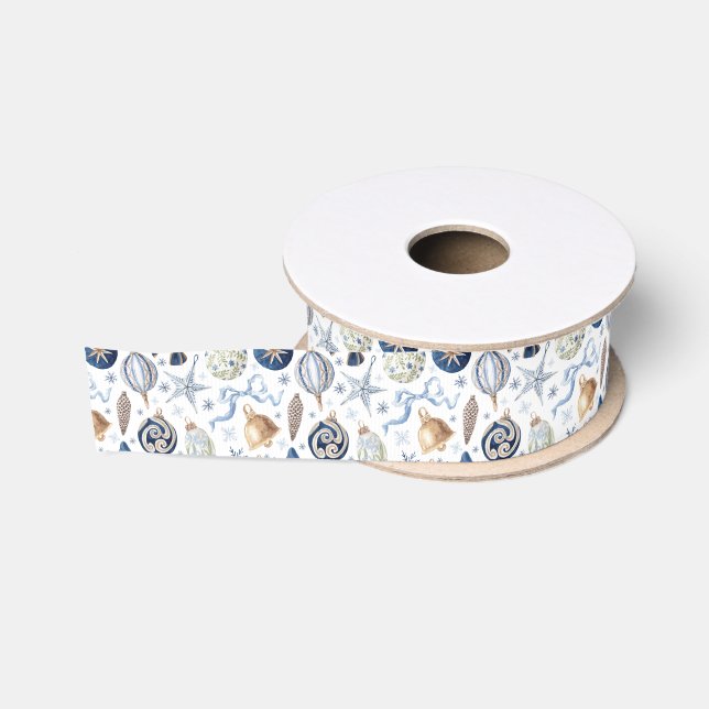 Ruban Gros-grain Ornements Bleus Aquarelle Noël (Bobine)