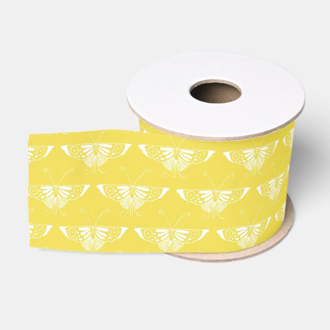 Ruban Gros-grain Papillon Art déco stylisé - jaune et blanc (Bobine)