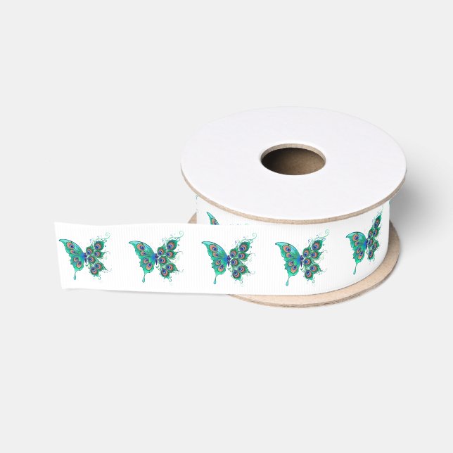 Ruban Gros-grain Papillon aux plumes de paon vert (Bobine)