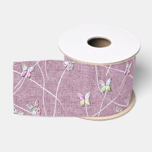 Ruban Gros-grain Papillons à l'aquarelle sur rose poudré