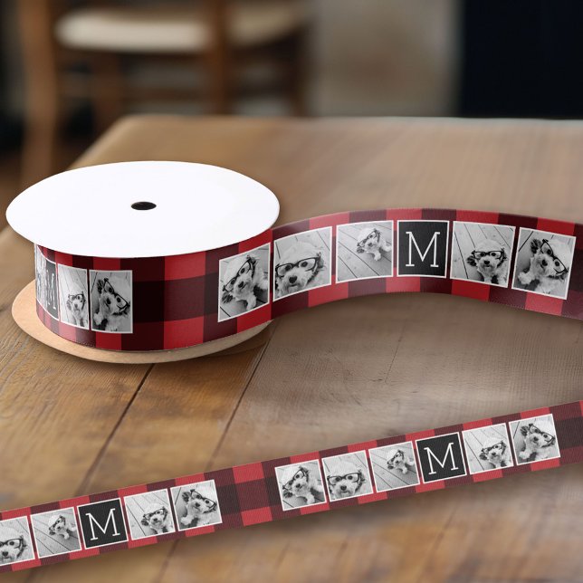 Ruban Gros-grain Photo Collage - Monogramme Rouge Buffle Noir Plaid (Custom Ribbon on a Roll - Personalize this ribbon with you text)