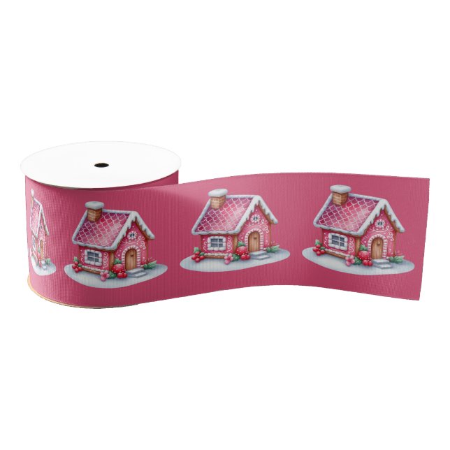 Ruban Gros-grain Pink Gingerbread House On Pink  (Bobine)