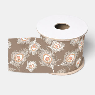Ruban Gros-grain Plumes de paon blanches et de poches sur Taupe Tan