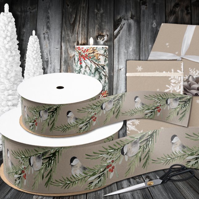 Ruban Gros-grain Poulet Rustique D'Hiver Kraft Sur Branche D'Épinet (Rustic Kraft Winter Chickadees On Spruce Branch Grosgrain Ribbon)