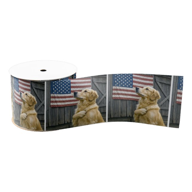 Ruban Gros-grain Proud Golden Retriever With American Flag (Bobine)