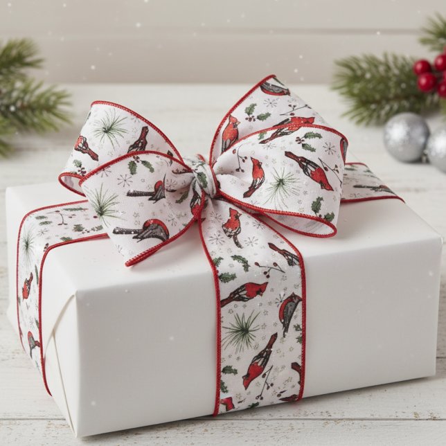 Ruban Gros-grain Red and White Red Cardinal Birds et Holly Motif (Modern Red Cardinal Bird Xmas Ribbon. Rustic Cardinal Bird, Holly Berries, Snowflakes Nature Pattern)