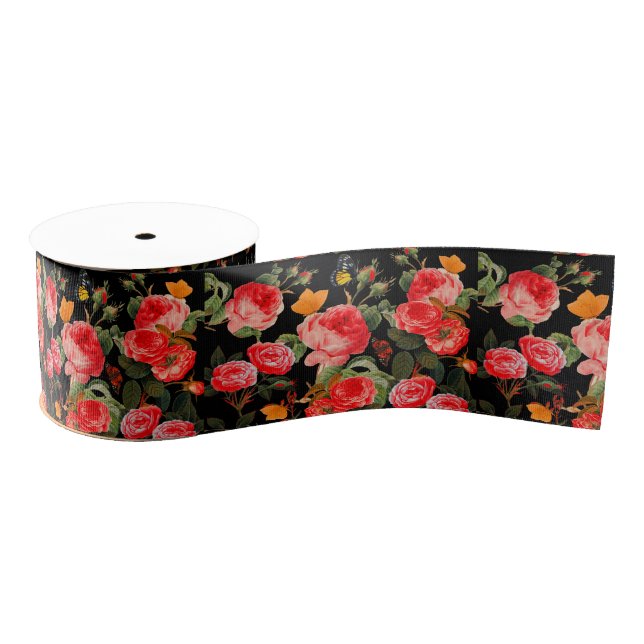 Ruban Gros-grain RED  ROSES AND YELLOW BUTTERFLIES Black Floral (Bobine)