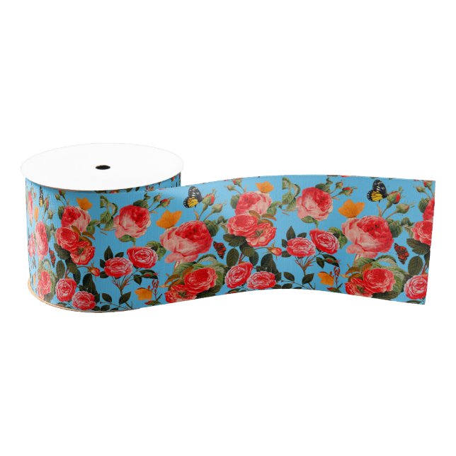 Ruban Gros-grain RED ROSES AND YELLOW BUTTERFLIES Blue Floral (Bobine)