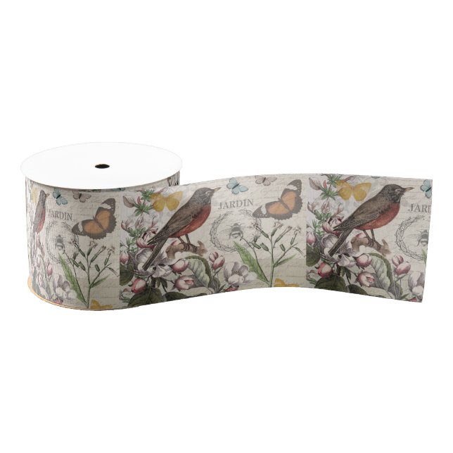 Ruban Gros-grain Robin Elegant Bird Butterfly French Art (Bobine)