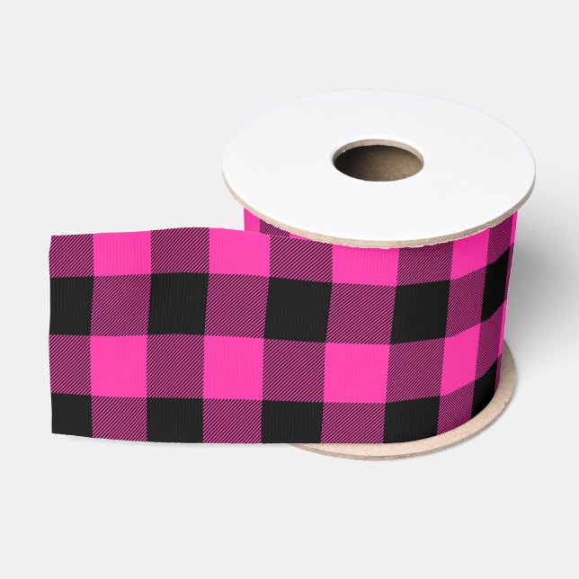 Ruban Gros-grain Rose Chaude Rose et Noir Buffalo Plaid (Bobine)