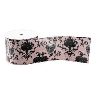 Ruban Gros-grain Rose et crânes gothiques rose et noir