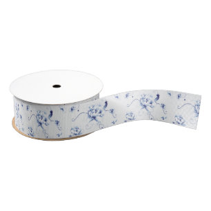 Ruban Gros-grain Rose Oiseau Bleu Chinoiserie Florale