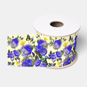 Ruban Gros-grain ROSES BLEUES ET PAPILLONS JAUNES Blanc