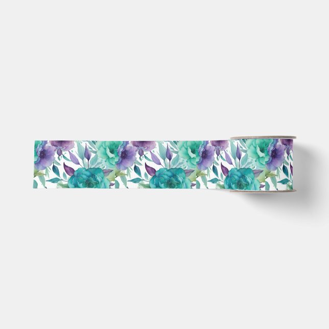 Ruban Gros-grain Roses Bleues Fleurs Aquarelle Violette  (Devant)
