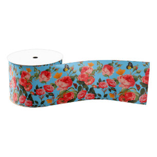 Ruban Gros-grain ROSES ROUGES ET PAPILLONS JAUNES Fleur Bleue