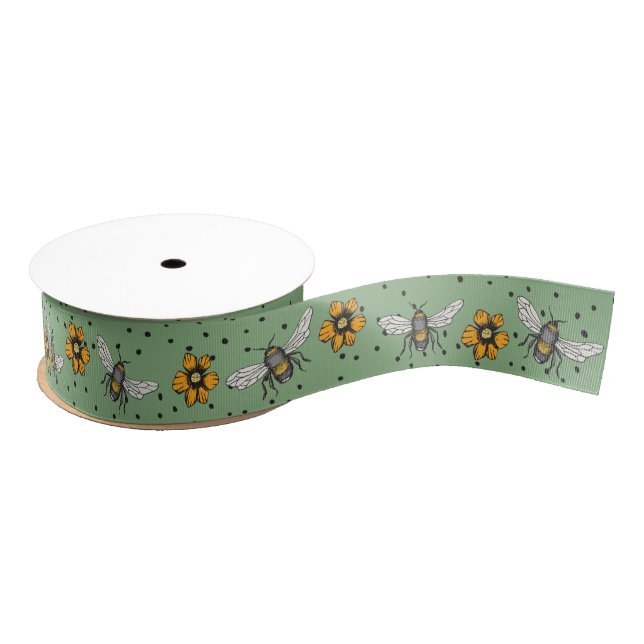 Ruban Gros-grain Sage Green Buzzing Bees & Cosmos Fleur Blooms (Bobine)