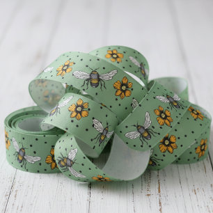 Ruban Gros-grain Sage Green Buzzing Bees & Cosmos Fleur Blooms