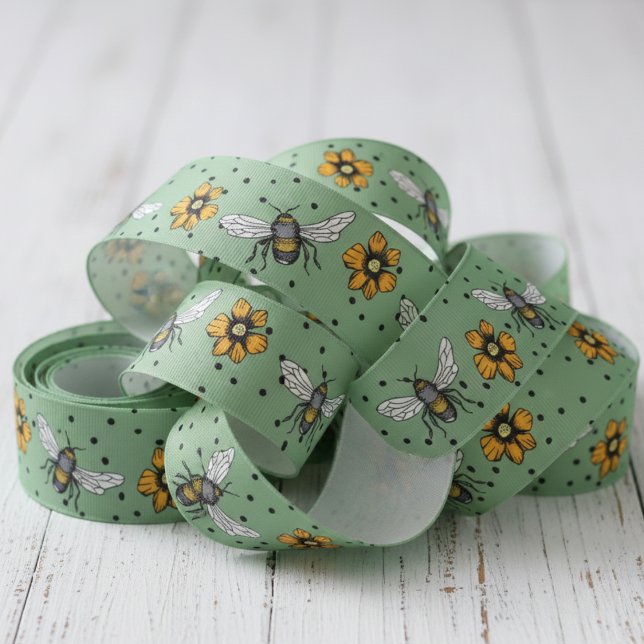 Ruban Gros-grain Sage Green Buzzing Bees & Cosmos Fleur Blooms (Green & Black Polka Dots Floral Insect Bee Ribbon. Vintage Honeybee & Yellow Flowers Nature Pattern)