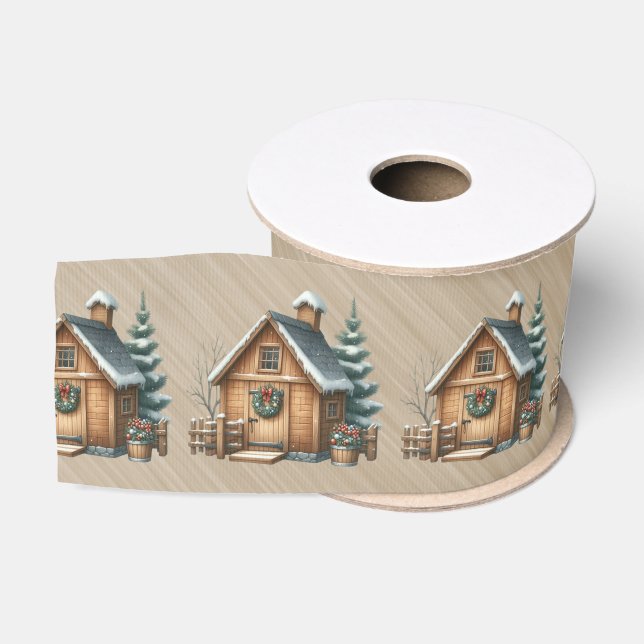 Ruban Gros-grain Scène de Noël de maison en rondins marron (Bobine)