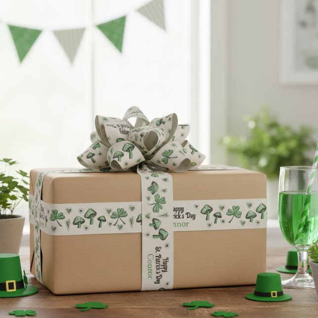 Ruban Gros-grain Shamrock vert neutre pour les femmes Coeur et cham (Cute St Patrick's Day Irish Ribbon in Ivory. Gender Neutral Green Shamrocks, Hearts & Mushrooms)