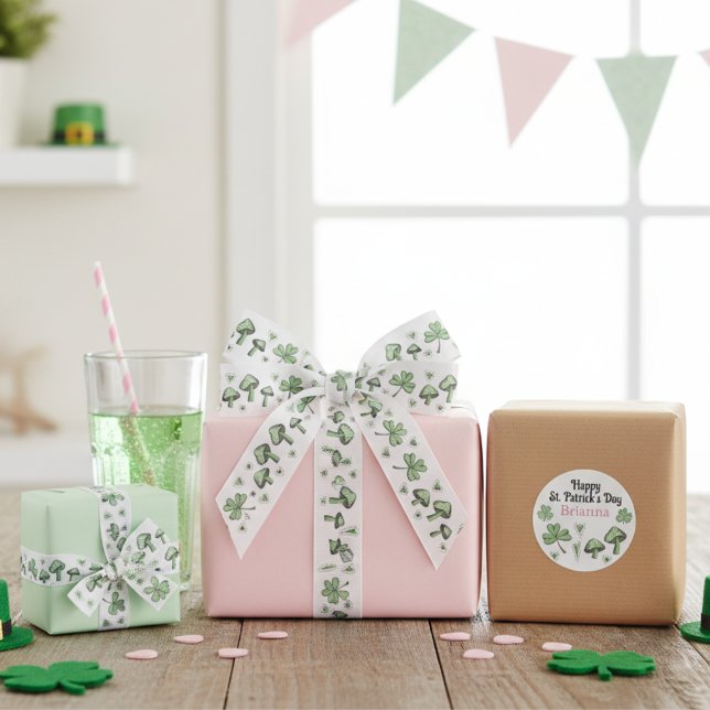 Ruban Gros-grain Shamrocks et coeurs verts 3" (Cute St Patrick's Day Irish Ribbon. Cute Gender Neutral Green Shamrocks, Hearts & Mushrooms for Bday)