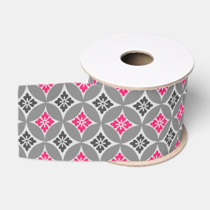 Ruban Gros-grain Shippo avec Motif Fleur, Rose et Gris Argent