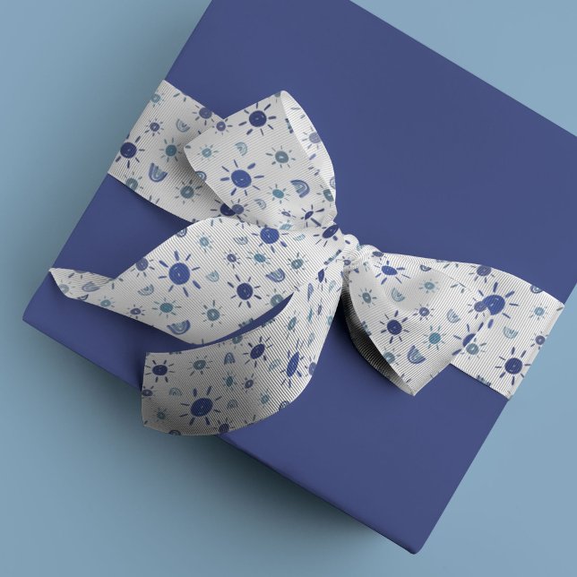 Ruban Gros-grain Soleil bohème et arc-en-ciel en bleu (Blue watercolor sunshines and rainbows ribbon)