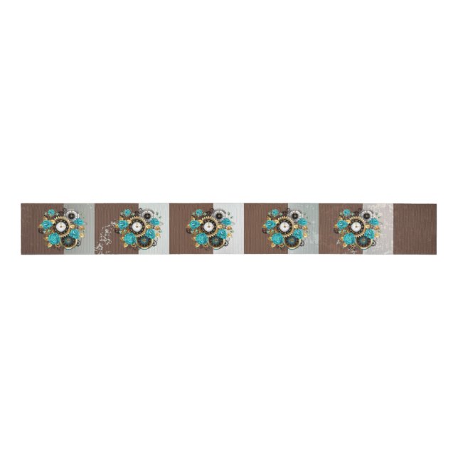 Ruban Gros-grain Steampunk Clock and Turquoise Roses on Striped (Devant)