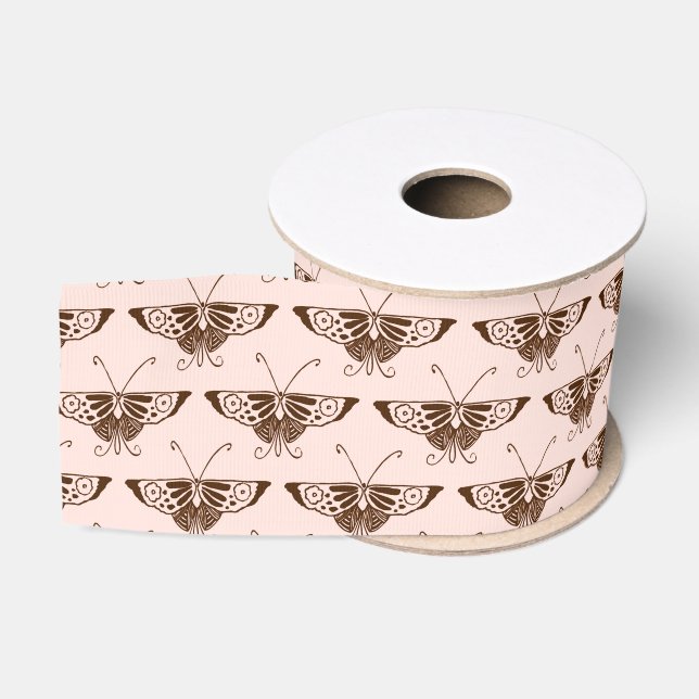 Ruban Gros-grain Stylized art Deco butterfly - chocolate and peach (Bobine)