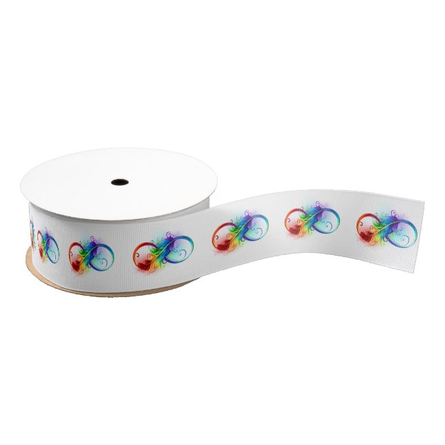 Ruban Gros-grain Symbole d'infini avec plume arc-en-ciel (Bobine)
