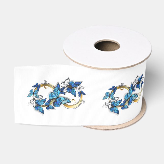 Ruban Gros-grain Symbole infini de papillons Morpho bleus (Bobine)