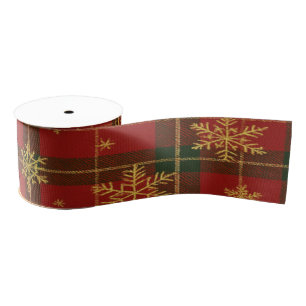 Ruban Gros-grain Tartan Rouge Classique avec Flocons de Neige Dorés